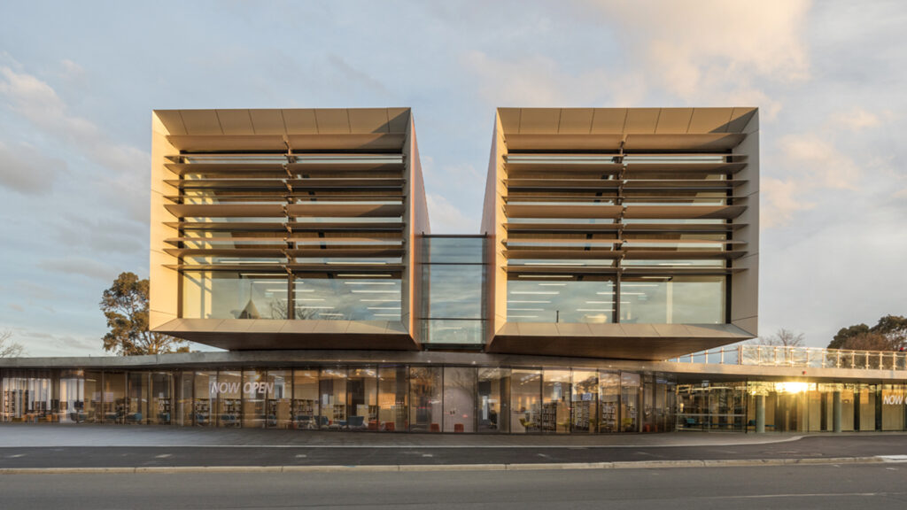 The Frank Bartlett Library and Moe Service Centre, designed by fjmt: Two timber portals over a landscaped platform embodying community and civic pride